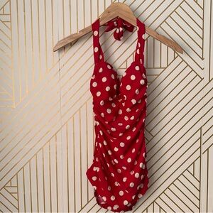 Esther Williams polka dot pin up halter swimsuit flattering cinched ruched 4
